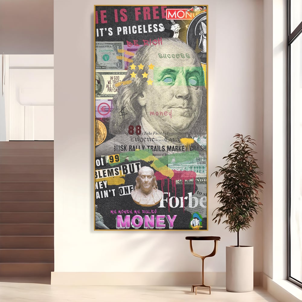 Tablou canvas cu tablou canvas cu portretul lui benjamin franklin, in rama de aluminiu auriu